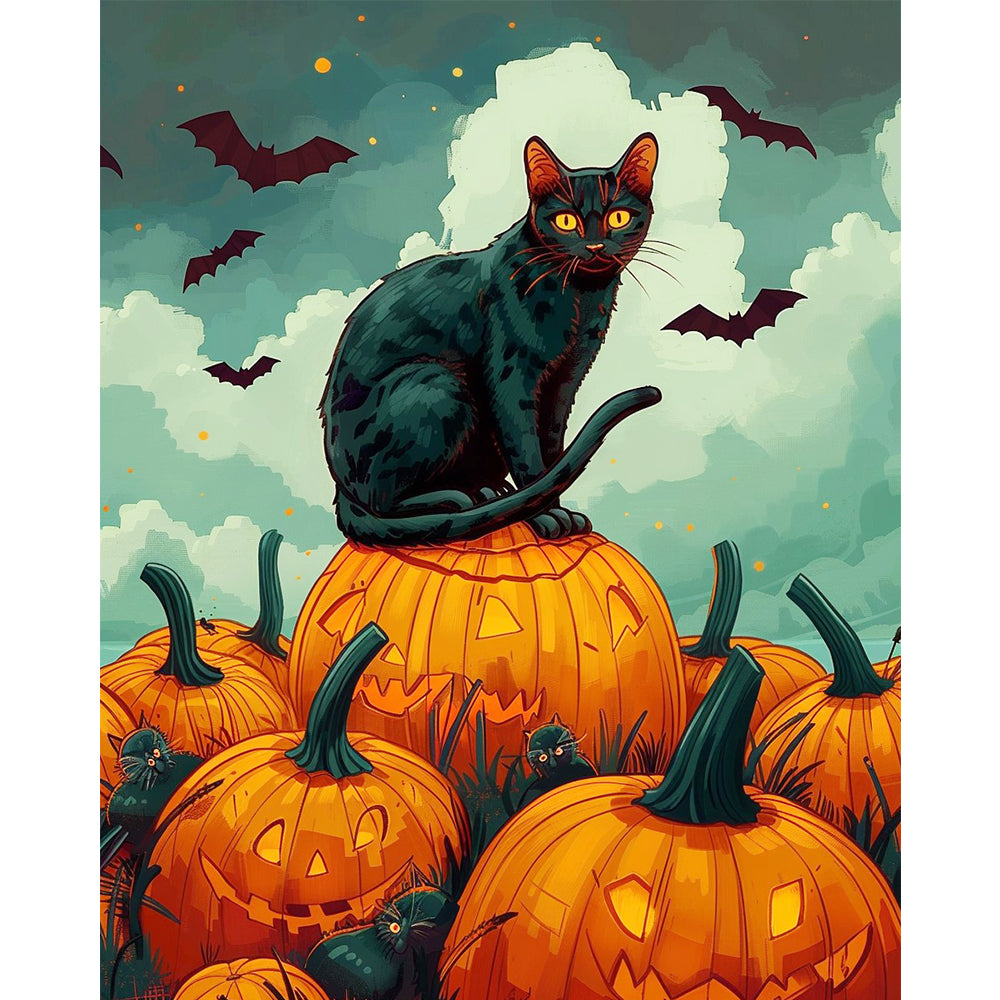 Mitternachtskatze & leuchtende Kürbisse - Malen nach Zahlen