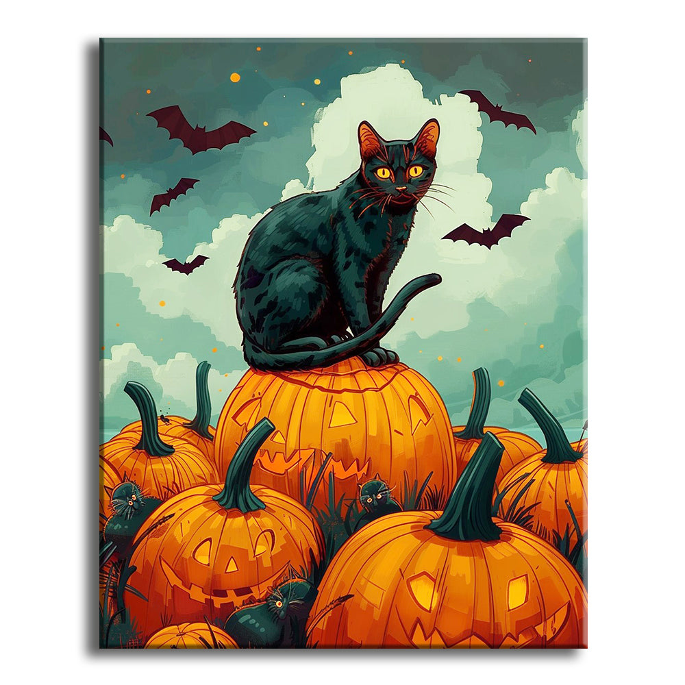Mitternachtskatze & leuchtende Kürbisse - Malen nach Zahlen